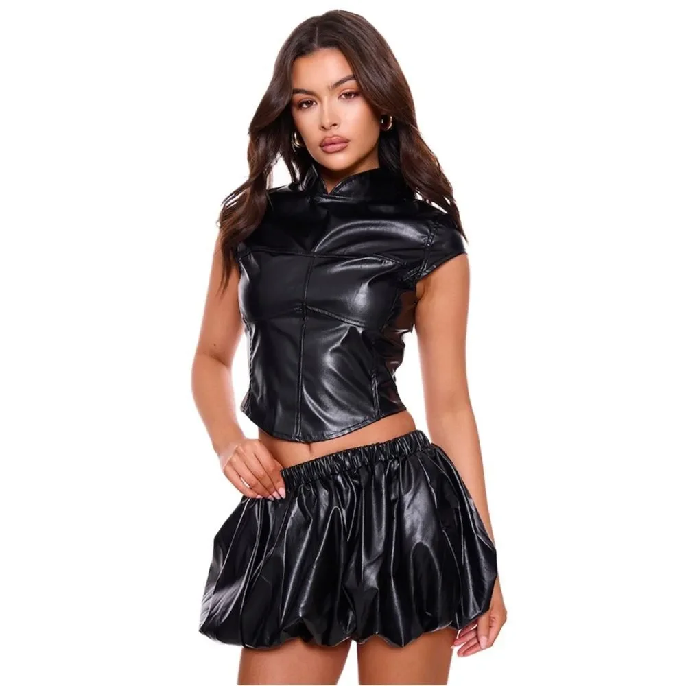 PrettyLittleThing Black Faux Leather Puff Ball Mini Skirt Size 6
